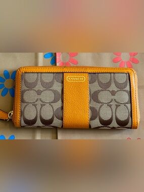 COACH Signature Canvas Wallet with Mustard Leather Trim